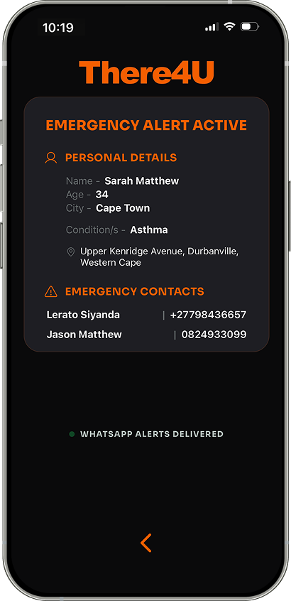 There4U emergency alert active screen showing personal and contact details