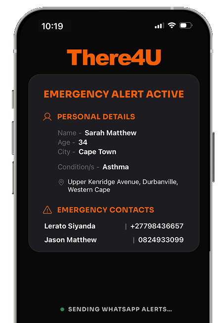 There4U emergency alert screen showing personal details and emergency contacts for Sarah Matthew